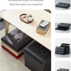 AmasSmile Storage Ottoman Folding Foot Rest Stool with Side Pocket, 16 inch Leather Footstool Bench, Short Ottoman Bench, Storage Foot Rest Store, Books, Black