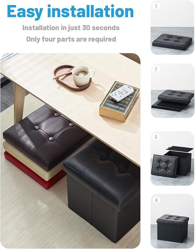 AmasSmile Storage Ottoman Folding Foot Rest Stool with Side Pocket, 16 inch Leather Footstool Bench, Short Ottoman Bench, Storage Foot Rest Store, Books, Black