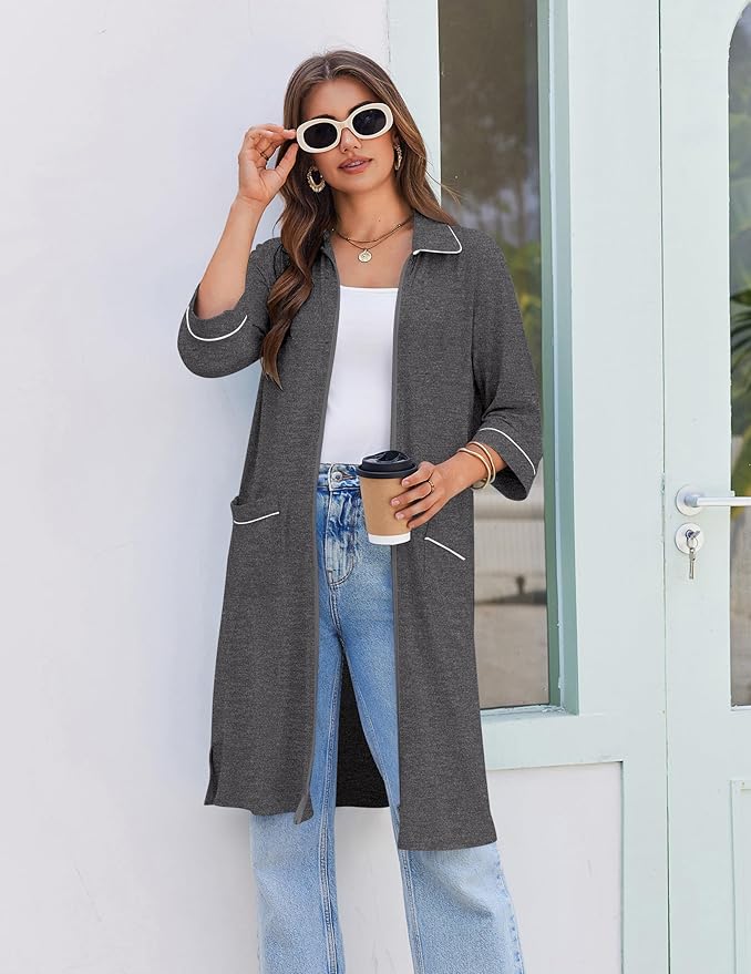 Ekouaer Zipper Robes for Women 3/4 Sleeve Housecoats Knee Length Bathrobe Lightweight Nightgown with Pockets S-3XL