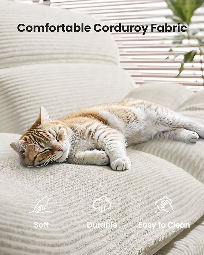 Amada Convertible Futon Sofa Bed - Corduroy Loveseat with Adjustable Backrest & Armrests, Thickened Seat Cushion, Small Space Sleeper Couch for Apartment, Study Room & Office（Off-White，66 Inch ）