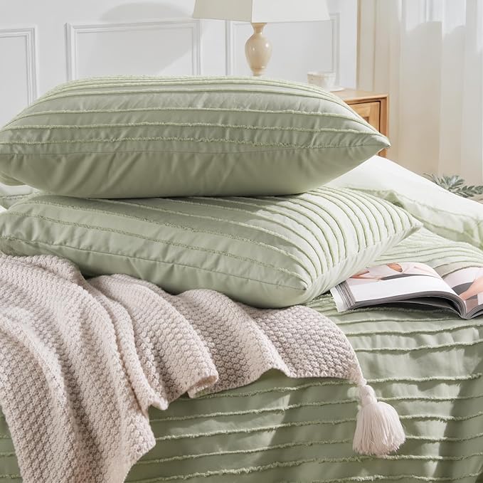NEXHOME PRO Duvet Cover Full Size, Blue 3 Pieces Boho Tufted Duvet Cover Set, Soft and Lightweight Microfiber Comforter Cover Set for All Season (Sage Green,80 x 90)-No Comforter