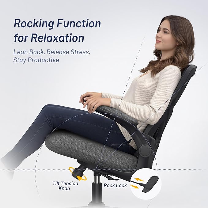 Office Desk Chair for Long Hours & Lower Back Pain Relief – 4“ Thick Molded Foam Cushion, Enhanced Lumbar Support, Padded Flip-up Armrests, Dark Gray