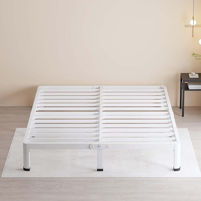 MAF 10 Inch Queen Size Bed Frame White with Round Corner Legs Mattress Slide Stopper No Box Spring Needed Heavy Duty Metal Platform Bed Frames Under-Bed Storage Space, 3000 LBS Steel Slats Support