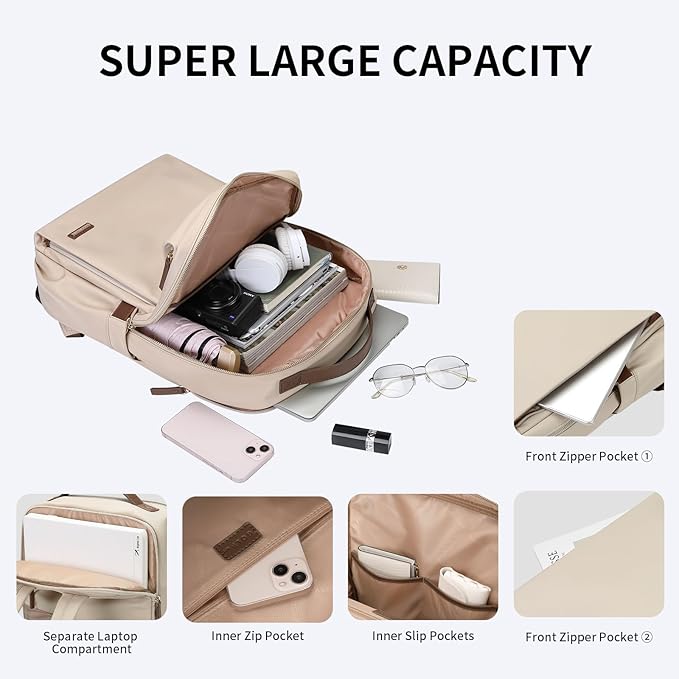 GOLF SUPAGS Stylish Laptop Backpack for Women Airline Approved Perfect for Work College and Travel Multi-Functional Casual Daypack Fits 15.6 Inch Notebook (Apricot)