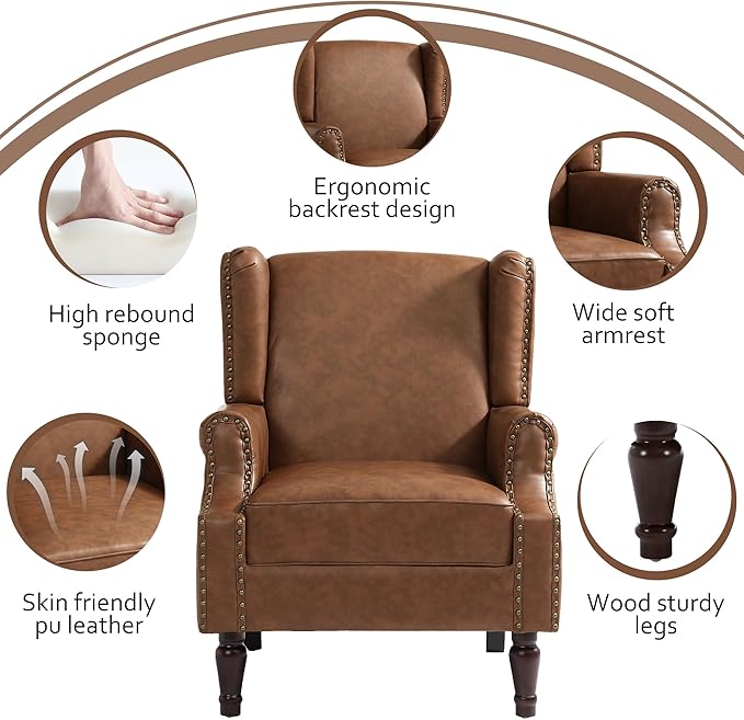 Lumibee Accent Chairs, Faux Leather High Back Armchair setof 2 or Living Room, Comfy Upholstered Single Sofa Reading Chairs with Solid Wood Legs for Office, Bedroom, Waiting Room-Leather Brown