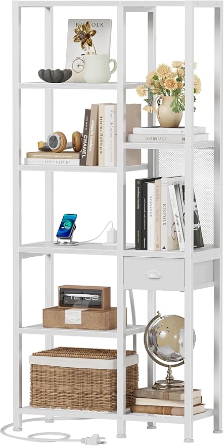 Furologee 6 Tier Bookshelf with USB Ports and Power Outlet, Book Shelf with Charging Station, Bookcase with Drawer, Storage Shelves for Bedroom,Home Office, Living Room, Bathroom, White