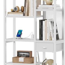 Furologee 6 Tier Bookshelf with USB Ports and Power Outlet, Book Shelf with Charging Station, Bookcase with Drawer, Storage Shelves for Bedroom,Home Office, Living Room, Bathroom, White