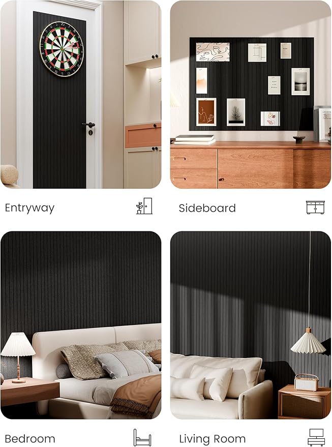 Bumusty Large Cork Board Alternative-47 x35 Felt Bulletin Board Tiles, with 30 Pushpins, 70 Adhesive Tabs, 12-Pack Slat Wall Paneling, Cork Boards for Office Push Pin Board Felt Board-Black