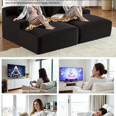 80 Inch Double Chaise Lounge Chair Indoor, Oversized Sectional Corduroy Upholstered Boneless Sofa Bed, Deep Seat Sleeper Loveseat Reading Chairs, Cloud Sofas Couches, No Assembly Required (Black)