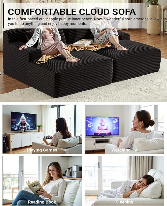 80 Inch Double Chaise Lounge Chair Indoor, Oversized Sectional Corduroy Upholstered Boneless Sofa Bed, Deep Seat Sleeper Loveseat Reading Chairs, Cloud Sofas Couches, No Assembly Required (Black)
