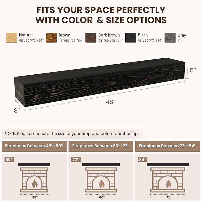 Fireplace Mantel - Wall-Mounted Mantles for Over Fireplace - Farmhouse Floating Shelves - Handcrafted Wood Mantels - 48 X 8 X 5 - Black