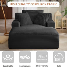 Oversized Chaise Lounge Chair Indoor Corduroy Sofa Bed with Throw Pillows Recliner Chair Comfy Large Deep Seat Sofa Couch for Living Room, Bedroom, Apartment (Black)