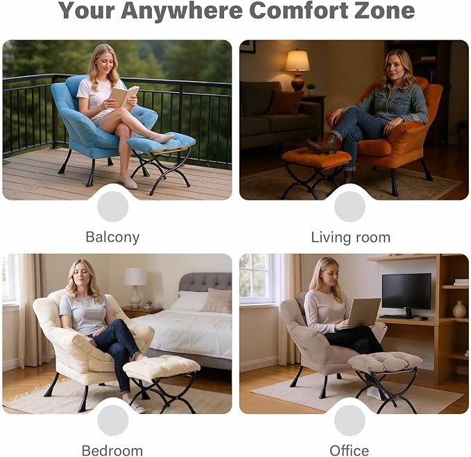 Tiita Lazy Chair with Ottoman, Modern Large Accent Lounge Armchair, Comfy Leisure Sofa Reading Chair with Footrest for Bedroom, Living Room, Dorm Rooms, Garden and Courtyard, Velvet Beige