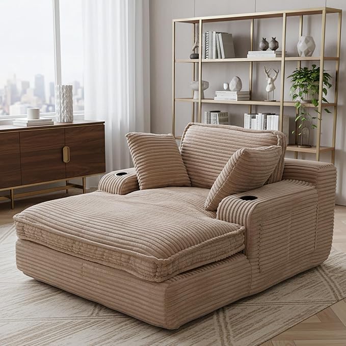 67" Oversized Chaise Lounge Chair Indoor, Soft Boneless Cloud Couch with 3 Pillows, 4 Side Pockets and 2 Cup Holders, Comfy Corduroy Sleeper Couch for Living Room Bedroom, Camel