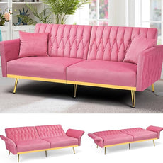 70” Velvet Futon Sofa Bed with 2 Pillows and Adjustable Armrests, Convertible Sleeper Bed, Modern Loveseat for Living Room, Bedroom, Pink