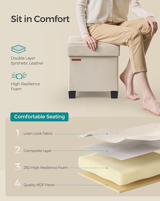 SONGMICS Storage Ottoman, Small Ottoman Foot Rest with Legs, 15 x 15 x 15.7 Inches Foot Stool, Load up to 660 lb, for Living Room, Bedroom, Dorm, Cream White ULSF014W01