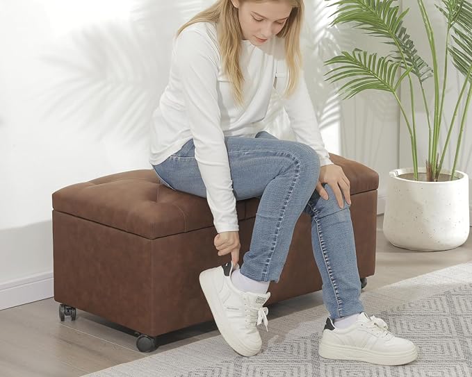 Joveco Storage Ottoman Bench 35" Faux-Leather Rectangular Tufted Ottomans Storage Room Organizer with Wheels(Matte Chocolate)