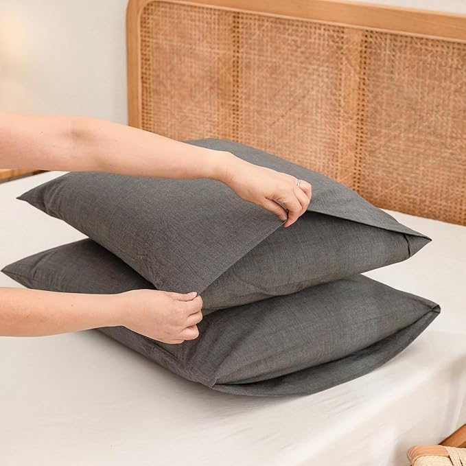 BESTOUCH 100% Washed Cotton Pillowcase for Hair and Skin Linen Feel Soft Comfortable Breathable 2 Set Pillow Case with Envelope Closure Solid Dark Grey Standard 20x26 Inches