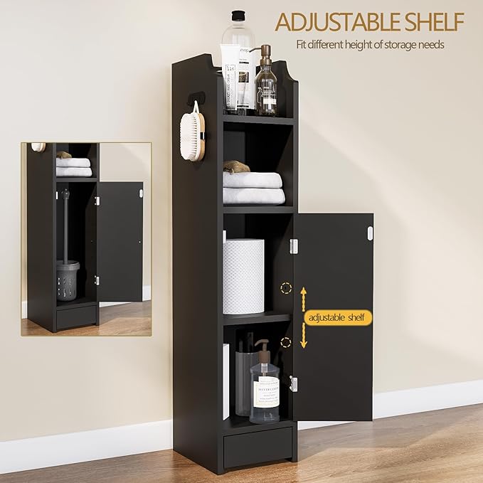 Small Bathroom Storage Cabinet, Toilet Paper Storage,Corner Floor Cabinet with Doors and Adjustable Shelf,Bathroom Organizer for Small Spaces Black