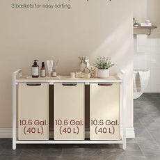 VASAGLE Laundry Hamper, Laundry Basket Sorter with 3 Pull-Out and Removable Bags, Shelf, Metal Frame, 3 x 10.6 Gallons (40 L), 36.4 x 13 x 28.4 Inches, Cappuccino Beige and Natural Beige UBLH301LH01