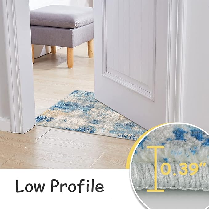 Lahome Modern Abstract Laundry Rug Runner, 2x4.3 Washable Throw Carpet Runner for Entryway, Soft Non-Slip Indoor Mat Runner Rug for Kitchen Master Bedroom Living Room Seat Door, Blue/Yellow/Ivory