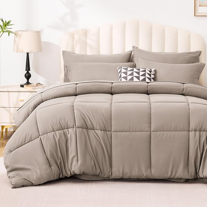 Love's cabin California King Comforter Set Light Brown, 7 Pieces California King Bed in a Bag, All Season Bedding Sets with 1 Comforter, 1 Flat Sheet, 1 Fitted Sheet, 2 Pillowcase and 2 Pillow Sham