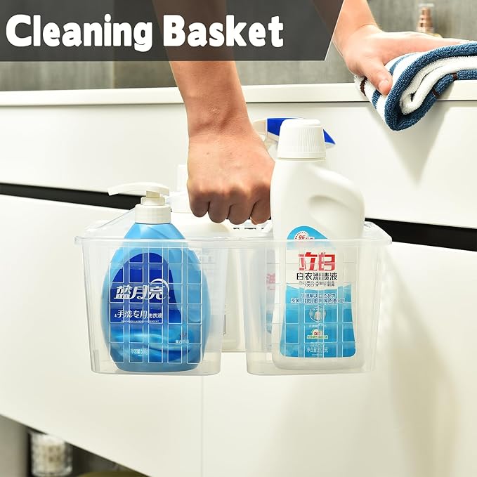 Haundry Plastic Shower Caddy Basket with 3 Compartments, Portable Divided Cleaning Supply Storage Organizer with Handle (Clear)