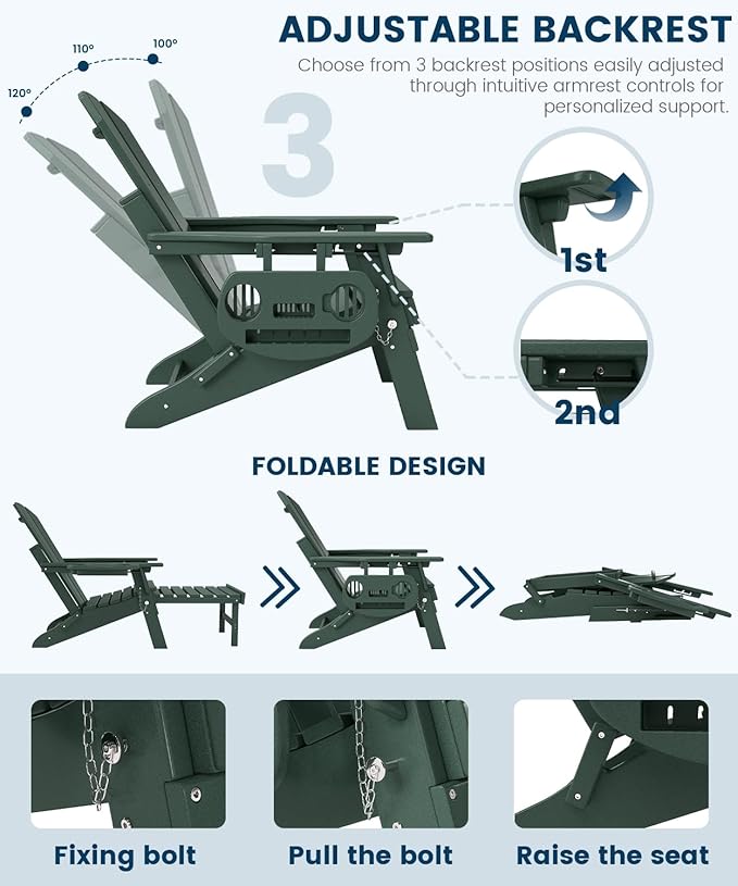FOOWIN Folding Adjustable Adirondack Chair with Retractable Ottoman Set of 2, HDPE Adirondack Chair w/4 in 1 Cup Holder Trays,All-Weather Resistant Fire Pit Chair for Outdoor Patio Lawn, Dark Green