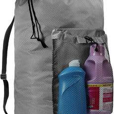 Laundry Bag with Shoulder Straps and Mesh Pocket Laundry Backpack Large Portable Laundry Hamper for College Laundromat Apartment (Gray)