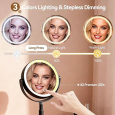 Shinowa Makeup Mirror with Lights, 1X/20X Lighted Magnifying Mirror with Storage for Makeup & Jewelry, 2-Sided Height Adjustable Vanity Mirror with 3 Color Lights, 360° Rotation & Rechargeable, Black