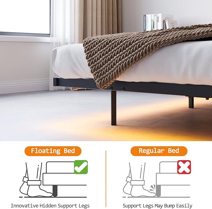 Floating Bed Frame Full Size with USB Charging Station, LED Bed Frame with Storage Headboard, Black Metal Platform Bed Double Size, No Box Spring Needed, Noise Free, Easy to Assemble