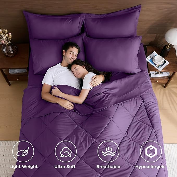HEVUMYI Grape Purple Queen Comforter Set - 7-Piece All Season Bed in a Bag Queen, Ultra Soft Bedding Set with Comforter, Flat Sheet, Fitted Sheet, Pillowcases, Pillow Shams