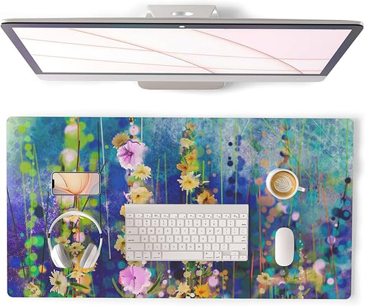 QIYI Large Desk Pad, Waterproof PU Leather Mouse Pad for Desktop, Blue Green Floral Home Décor Office Desk Accessories, Non Slip Desk Mat Writing Pads for Home Office 31.5" x 15.7" - Ivy Flowers