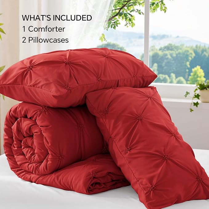 BEDELITE Red King Size Comforter Set - 3 Pieces Boho Pintuck Bedding Comforter Sets, Lightweight Soft & Warm King Bedding Set with 2 Pillowcases for All Season