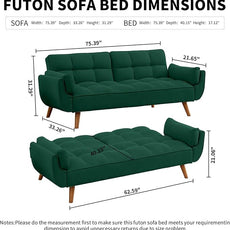 Solid Wood Feet Futon Couch Tufted Convertible Sleeper Sofa Bed Solid Wood Legs Adjustable Backrest Living Room Hemp Sponge S-Shaped Spring Eucalyptus Frame (Green)