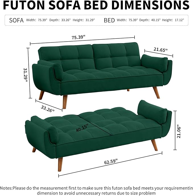 Solid Wood Feet Futon Couch Tufted Convertible Sleeper Sofa Bed Solid Wood Legs Adjustable Backrest Living Room Hemp Sponge S-Shaped Spring Eucalyptus Frame (Green)