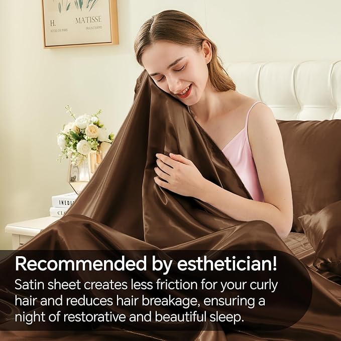 BEDELITE Satin Sheets Full Size Bed Set, Luxury Soft Brown Silky Sheets for Hair and Skin, Similar to Silk Bed Sheets Set 4 Pieces with 1 Deep Pocket Fitted Sheet, 1 Flat Sheet, and 2 Pillowcases