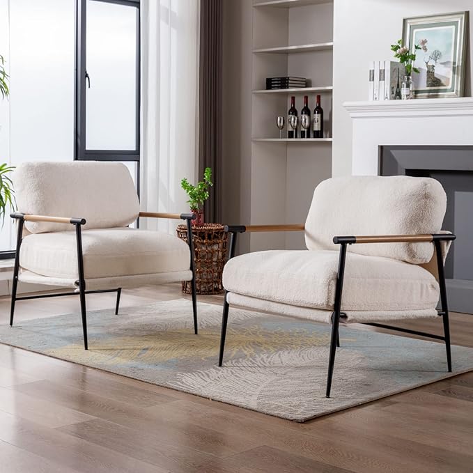 Mid-Century Accent Chair Set of 2, Soft Armchair Sherpa Fabric Lounge Chair with Black Metal Legs, Upholstered Leisure Chair for Living Room Bedroom Reception Room, White