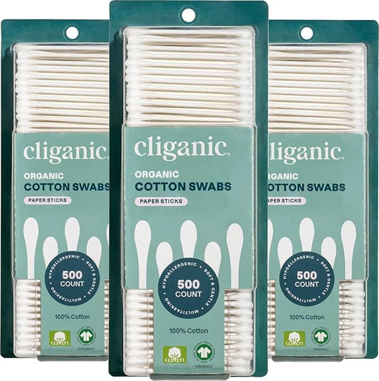 Cliganic Organic Cotton Swabs, 1500 Count - 100% Pure Natural Cotton, Chlorine-Free Hypoallergenic, Soft, Gentle & Absorbent Buds