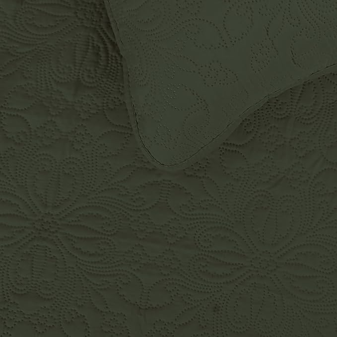 Easy-Going King Size Reversible Quilt Set with 1 Quilt and 2 Pillow Shams, Soft Bed Quilt Cover, Water Resistant Lightweight Microfiber Bedspread, Stain Resistant, Damask-Army Green/Beige