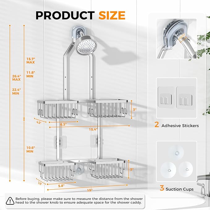 REINHARDT Aluminum Shower Caddy Hanging Adjustable Shower Caddy, Rustproof Hanging Shower Organizer with Hooks Soap Holders, Over Shower Head Caddy for Handheld Showerhead, Silver