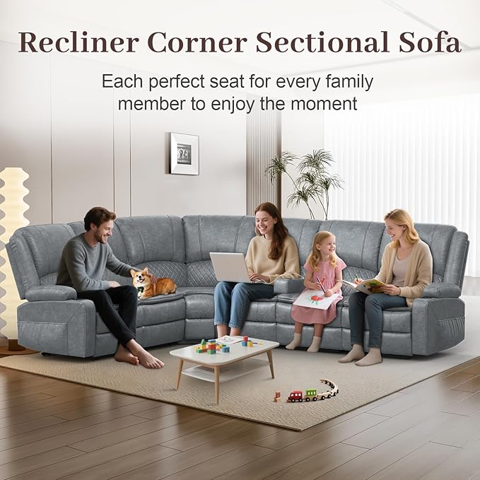 Manual Reclining Sectional Sofa Set, 6 Seats Soft Leather Recliner Corner Sectional Couch, Family-Sized L-Shaped Recliner Couch with USB Charging, Thickened Padding, Sturdy Frame, Grey