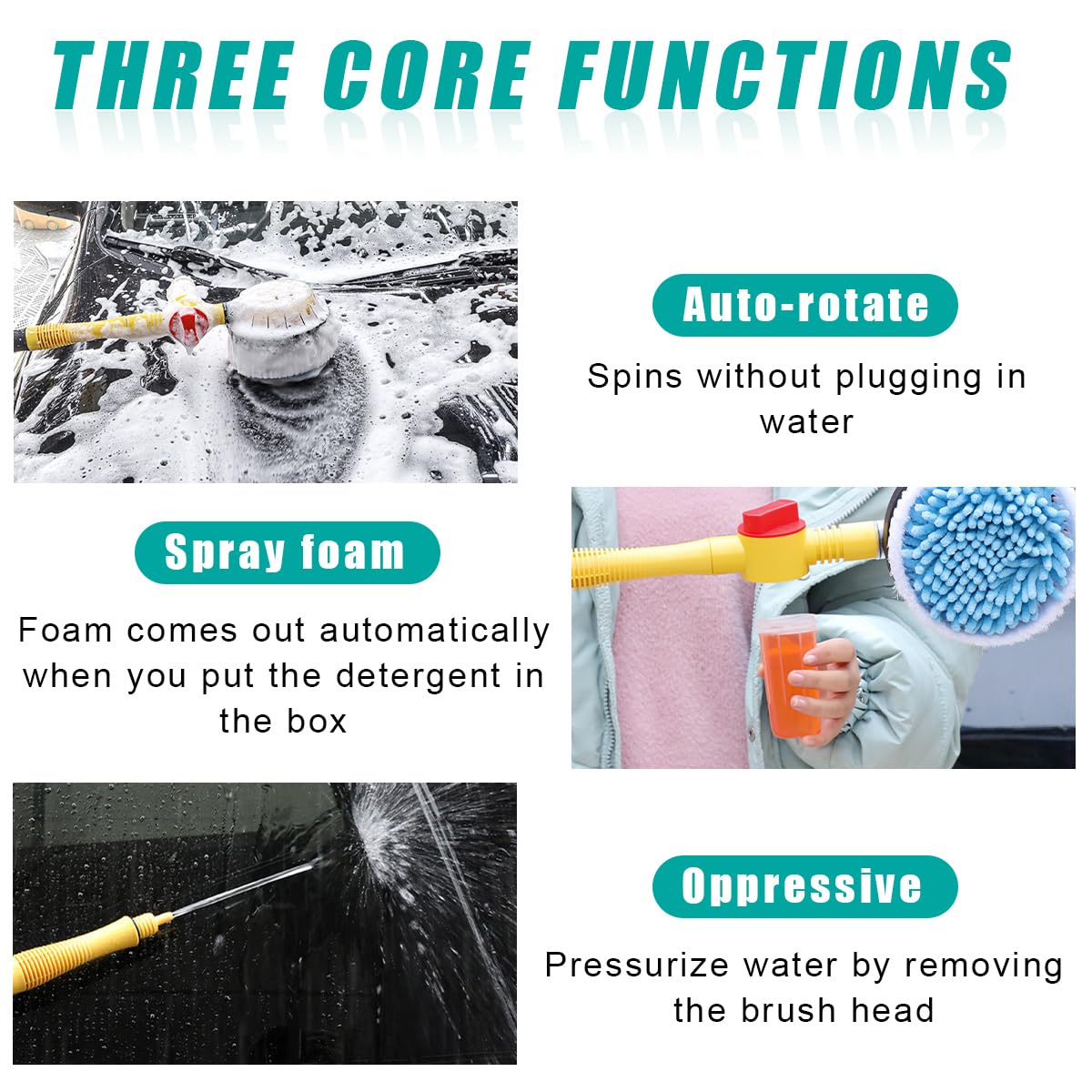 Rotating Car Wash Brush, 360° Spin Auto Cleaning Brush with Long Handle, Detachable Washing Brush with Soft Chenille Bristles Universal for Most Vehicles, Car Accessories (Brush)