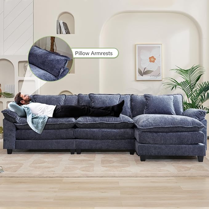 120" Modular Sectional Sofa, Comfy Cloud Couch Sectional Sofa with Ottoman, Chenille Sofa Sleeper Deep Seat Sofa with Throw Pillows for Living Room (Blue, 120"- L Shape)