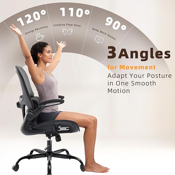 Office Chair, Ergonomic Desk Chair with Adjustable High Back 2D Lumbar Support Flip-up Armrests, Executive Breathable Mesh Comfy Swivel Rolling Computer Task Chair for Home Office Study Work Gaming