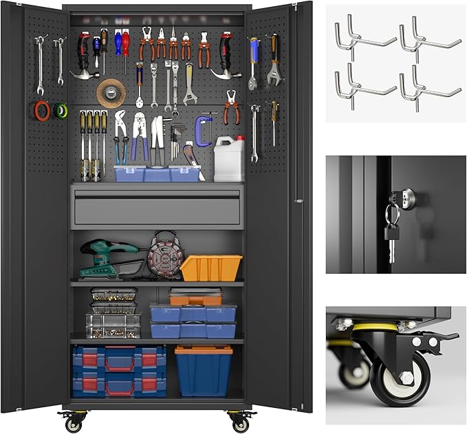 SUXXAN 71" Metal Garage Storage Cabinet with 16 Hooks and Pegboards,1 Drawer Inside Rolling Tool Storage Cabinet with Adjustable Shelves,3 Metal Hanging Rod for Garage,Warehouse