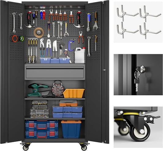 SUXXAN 71" Metal Garage Storage Cabinet with 16 Hooks and Pegboards,1 Drawer Inside Rolling Tool Storage Cabinet with Adjustable Shelves,3 Metal Hanging Rod for Garage,Warehouse