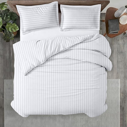 Kotton Culture 120"x120" 3 Pc Super King Plus/Super Oversize King Duvet Cover Set 100% Egyptian Cotton 600 TC Comforter Cover Zipper Closure & Corner Ties -Fits Only Extra Large Inserts -Striped White