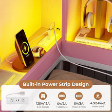 VIAGDO Corner Bed Frame Full with Storage Bookcase and 6 Drawers, Metal Platform Corner Bed Frame with LED Lights and Charging Station, Full Daybed for Kids Teenagers, Pink