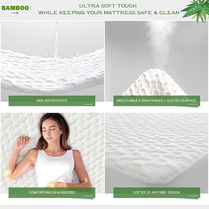 GRT Waterproof Rayon Bamboo Mattress Protector Queen Size - 3D Air Fiber Mattress Protector Cover, Cooling Mattress Pad Breathable Ultra Soft Noiseless 8''-21'' Deep Pocket Machine Washable